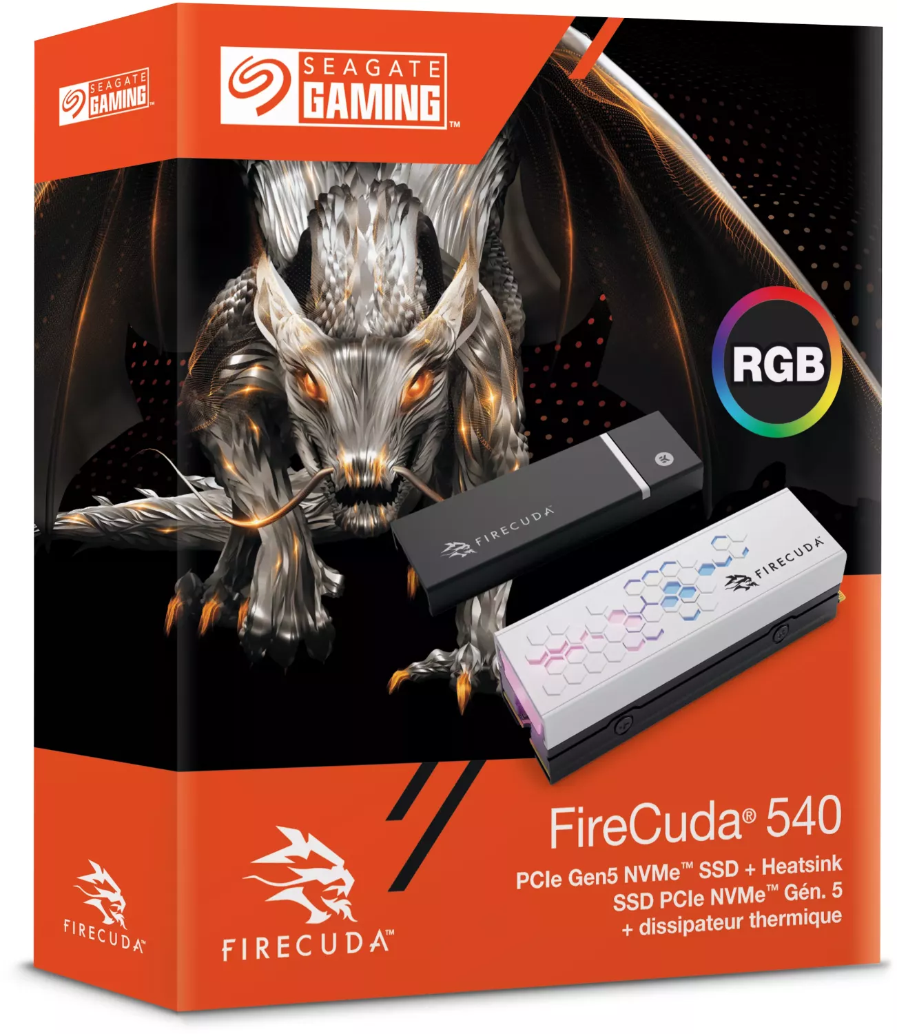 Eine Box mit zwei SSDs. Die Box hat ein Drachenbild. Die SSDs sind schwarz und weiß.