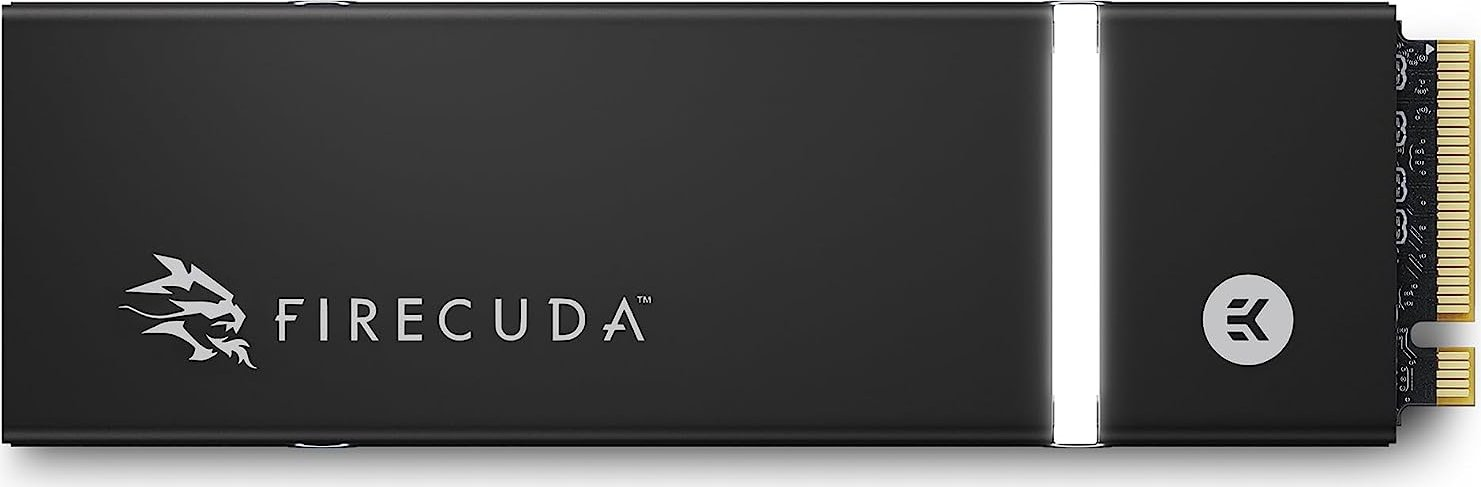 Schwarze Firecuda SSD mit Logo und weißem Licht auf weißem Hintergrund.
