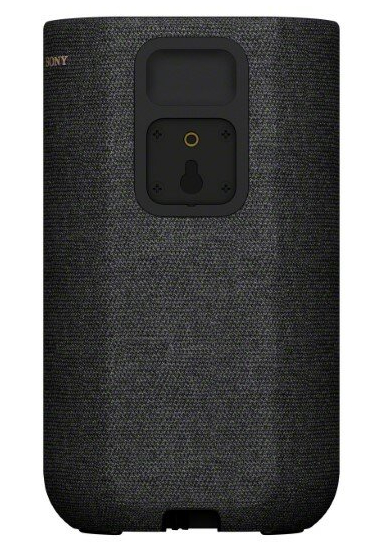 Czarny głośnik Sony z fakturą materiału. Tył z portami wejściowymi i zasilania.