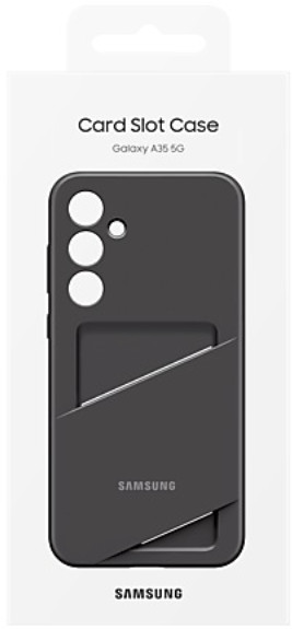 Czarne etui na telefon z miejscem na karty. Do telefonu Galaxy A35 5G. Etui ma logo Samsung.