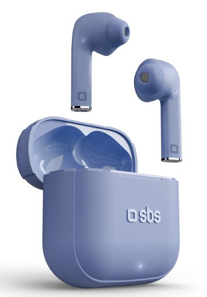 Niebieskie bezprzewodowe słuchawki douszne i etui ładujące. Etui jest otwarte, słuchawki nad nim. Białe tło.