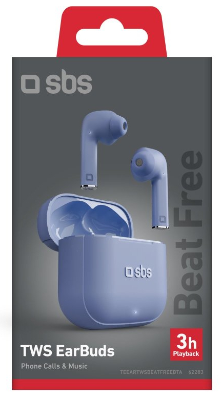 Niebieskie słuchawki douszne z etui ładującym. Opakowanie zawiera logo marki i informacje o produkcie.