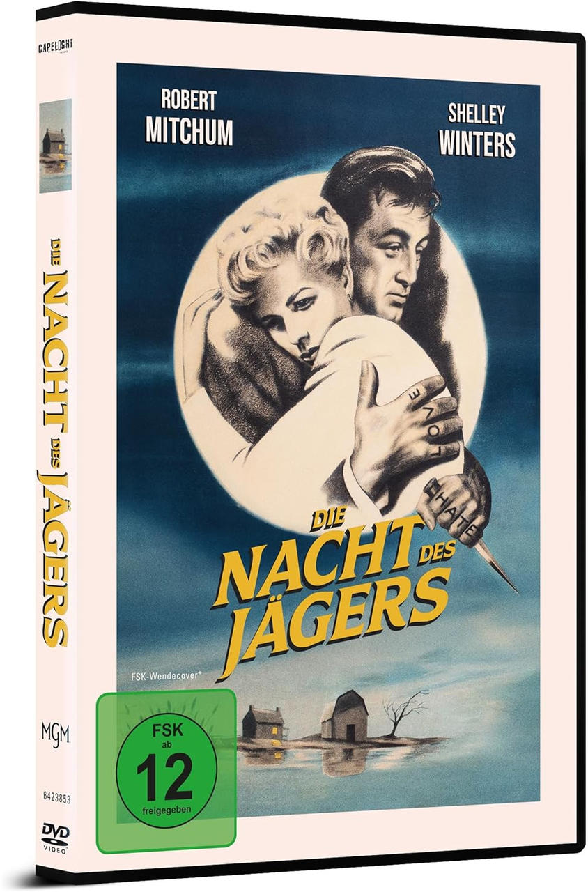 DVD-Cover des Films 'Die Nacht des Jägers' mit Robert Mitchum und Shelley Winters.