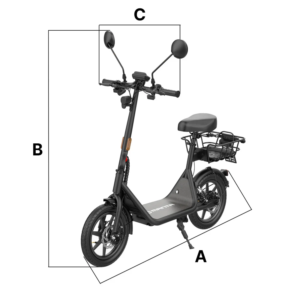 Czarny skuter elektryczny z zaznaczonymi wymiarami. Białe tło.