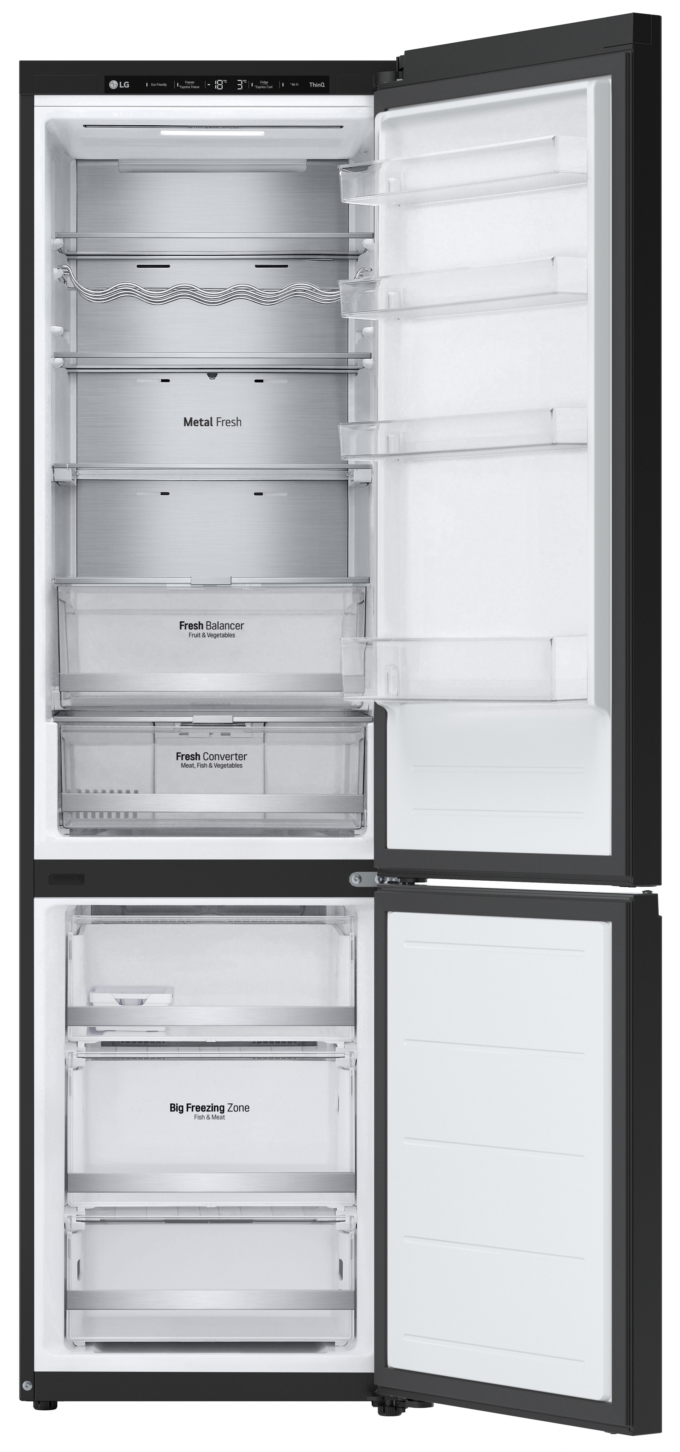 Lodówka LG z otwartymi drzwiami, pokazująca półki, szuflady i przegrody. Czarny wygląd.