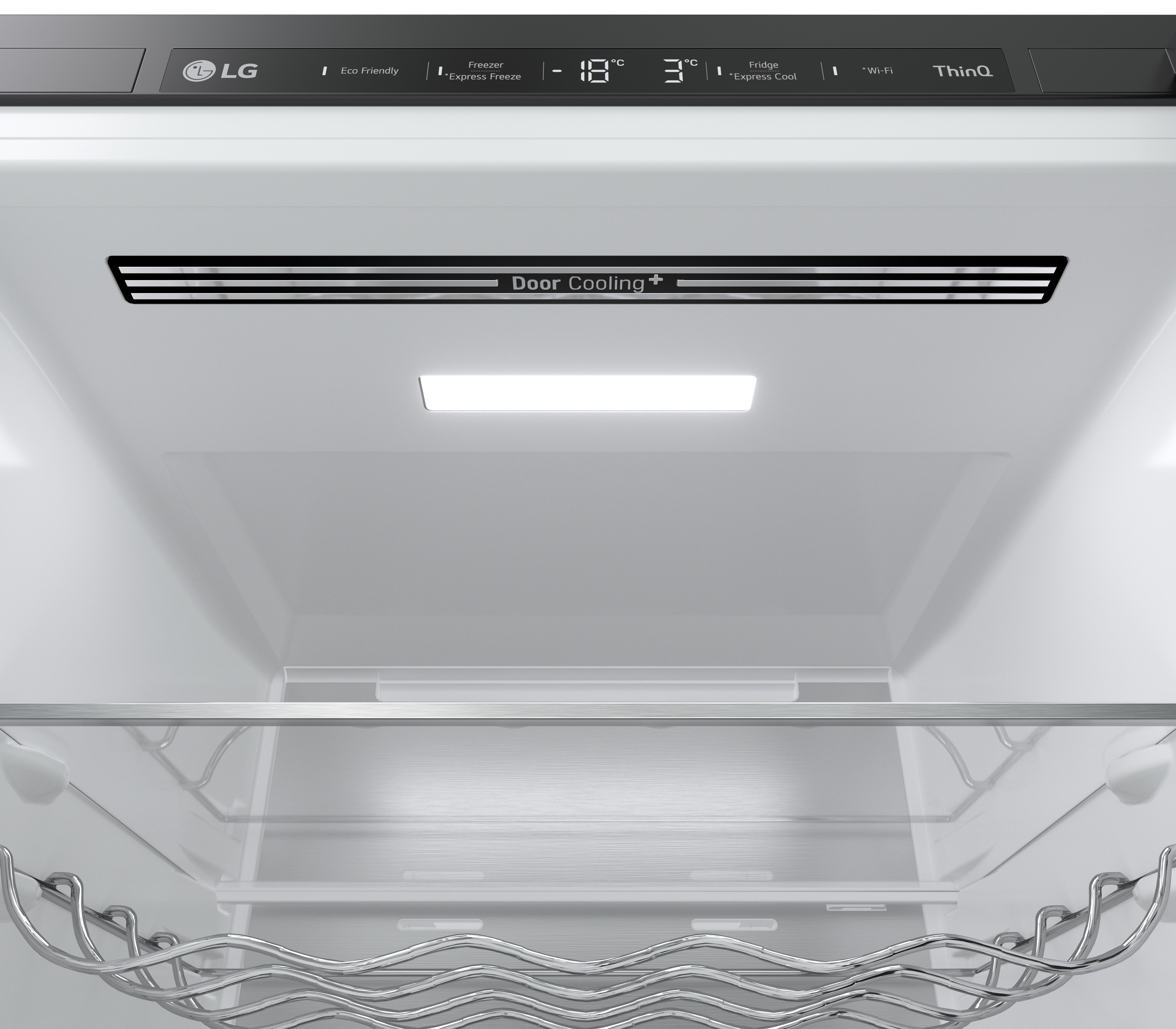 Wnętrze lodówki ze światłami. Wyświetla etykiety: LG, -18°C, 3°C, Door Cooling. Zawiera półki i stojak na wino.