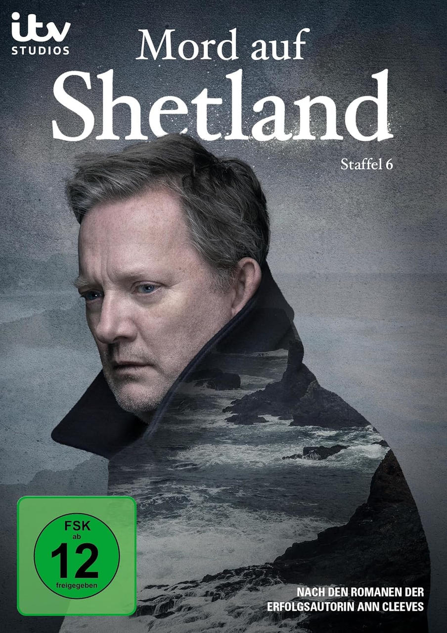 Filmcover für 'Shetland' mit Männergesicht und Küstenlandschaft. Text auf Deutsch.