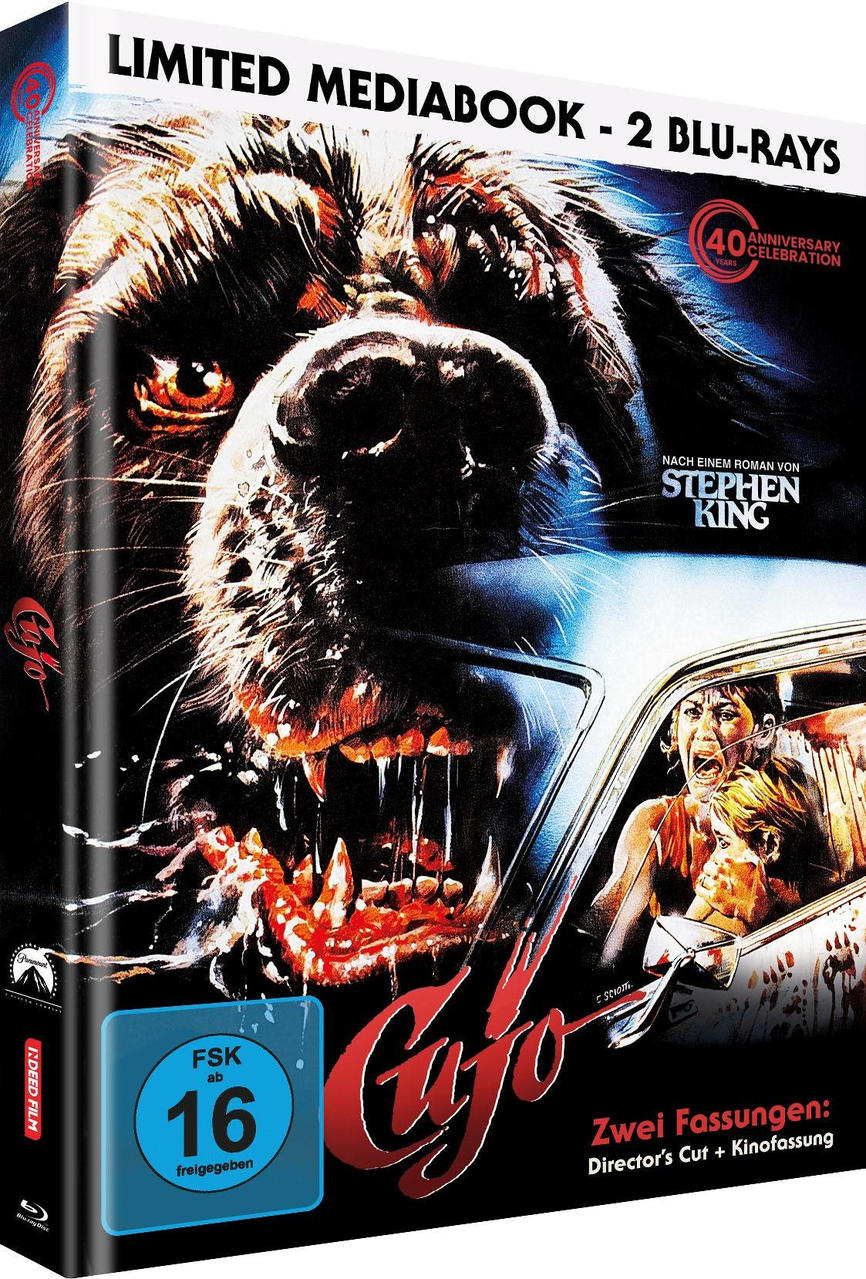 DVD-Cover des Films 'Cujo'. Ein Hund mit gefletschten Zähnen und Menschen im Auto.