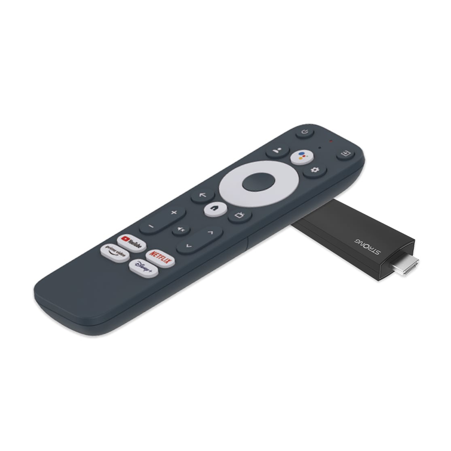Un telecomando grigio scuro con un dispositivo di streaming accanto, entrambi su una superficie bianca.