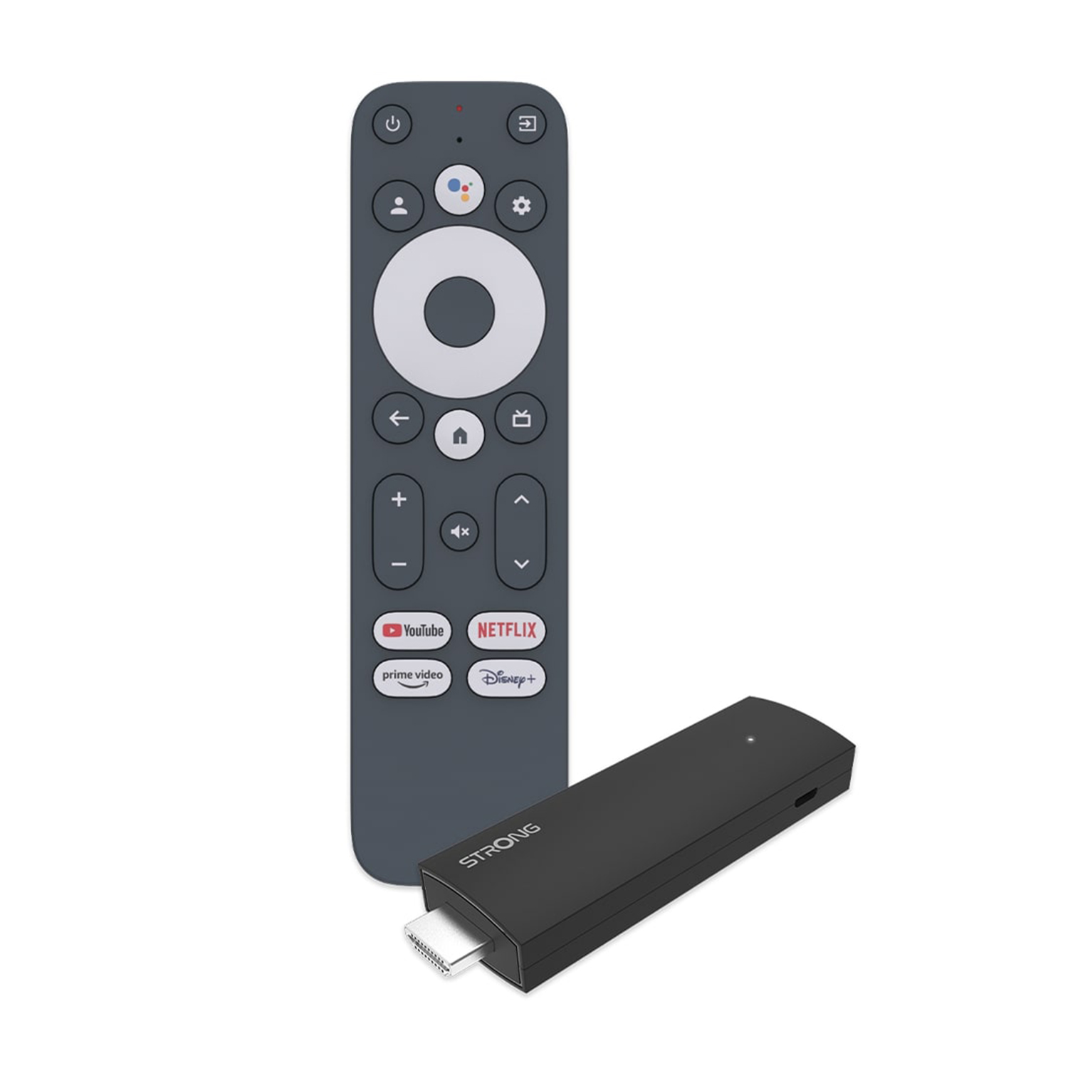 Un telecomando e un dispositivo di streaming neri. Il telecomando ha vari pulsanti.