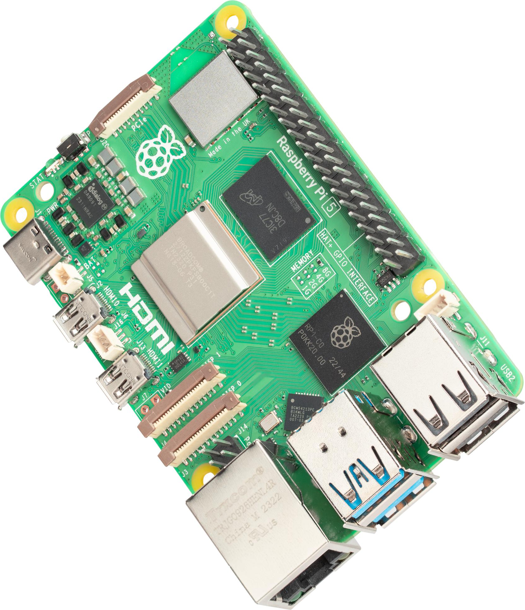 Grüne Raspberry Pi 5 Platine mit verschiedenen Chips, Anschlüssen und einer GPIO-Leiste.