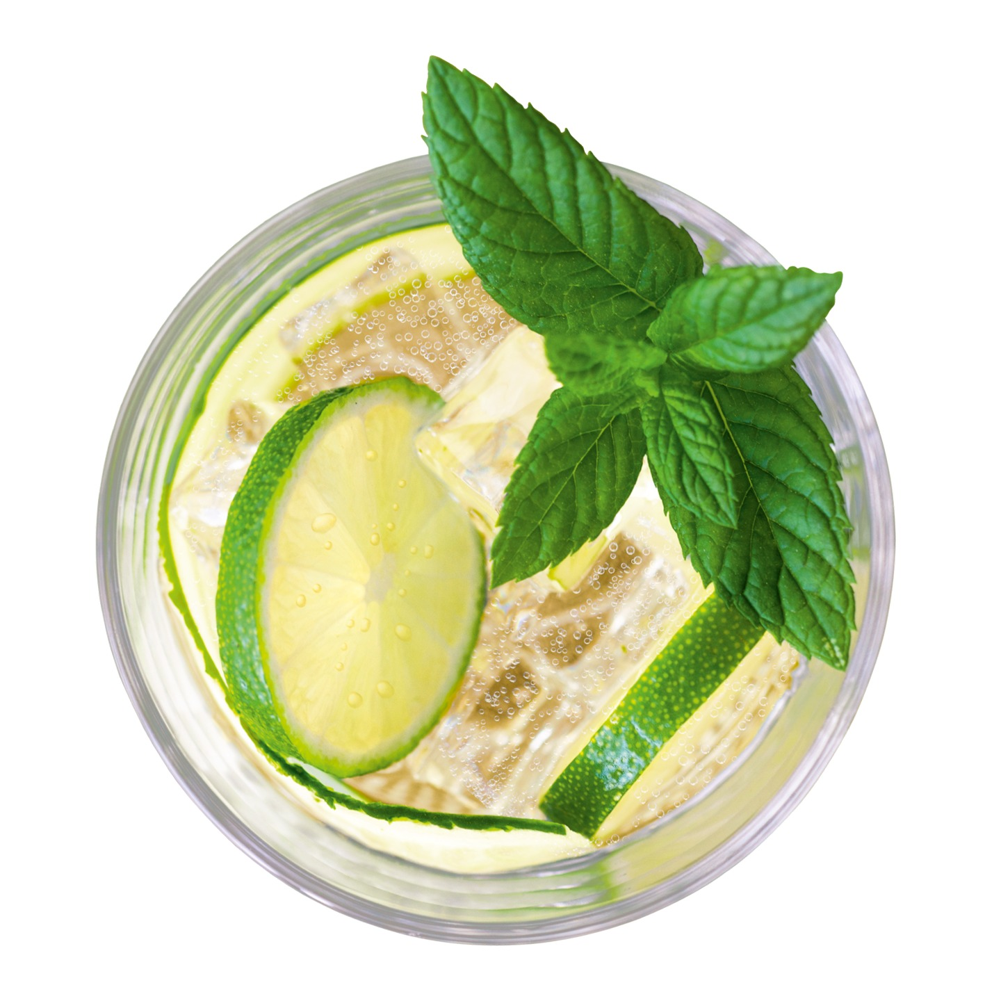 Glas Cocktail mit Limettenscheiben, Eiswürfeln und Minzblättern, Draufsicht auf weißer Fläche.