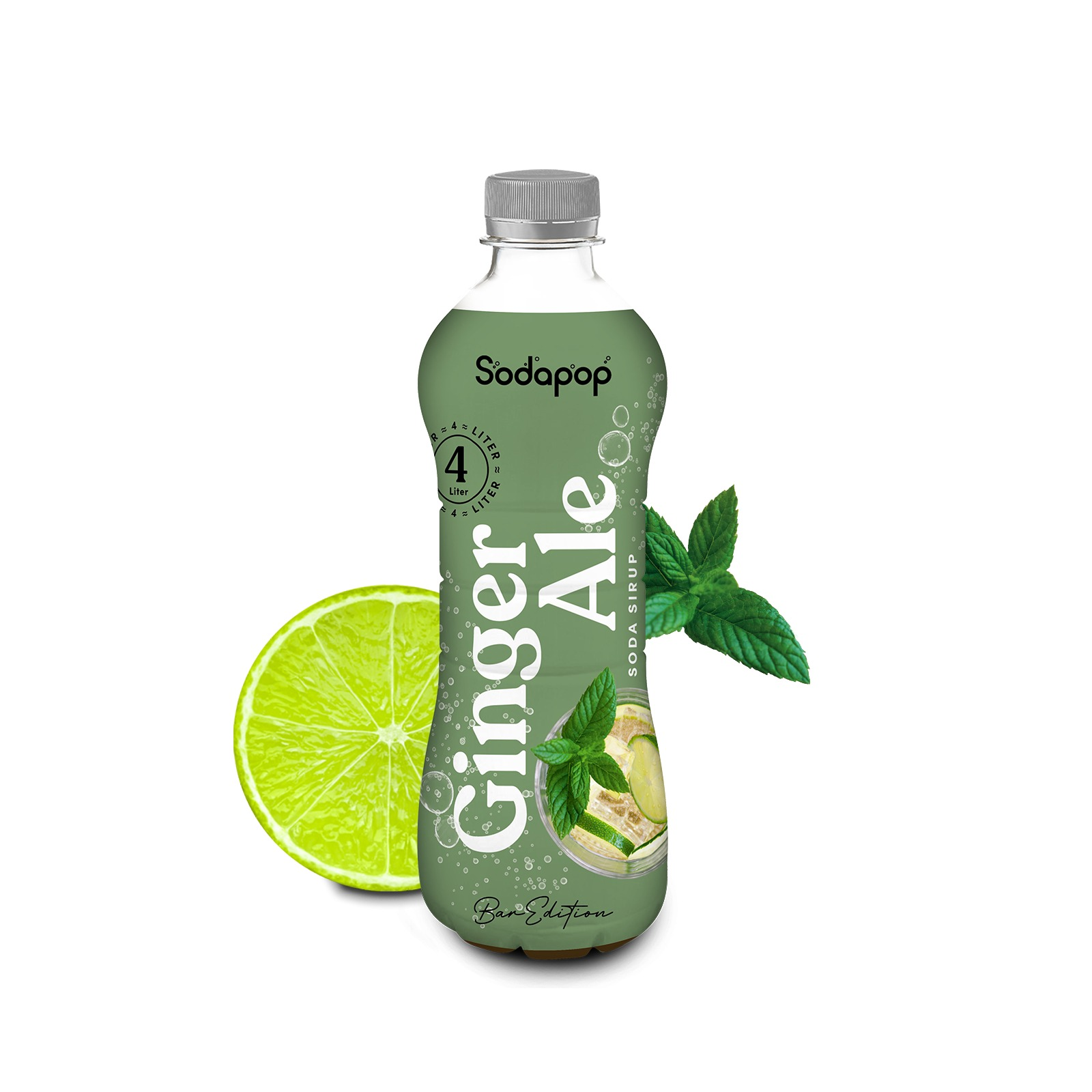 Sodaflasche mit grünem Etikett, Ginger Ale, mit Limettenscheibe und Minzblättern.