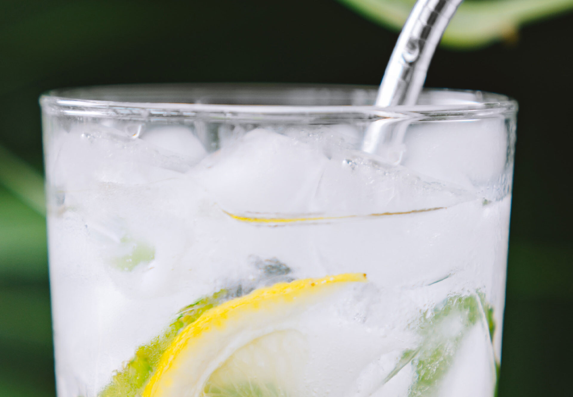 Glas Wasser mit Eis, Zitronenscheiben und einem silbernen Strohhalm. Verschwommener grüner Hintergrund.