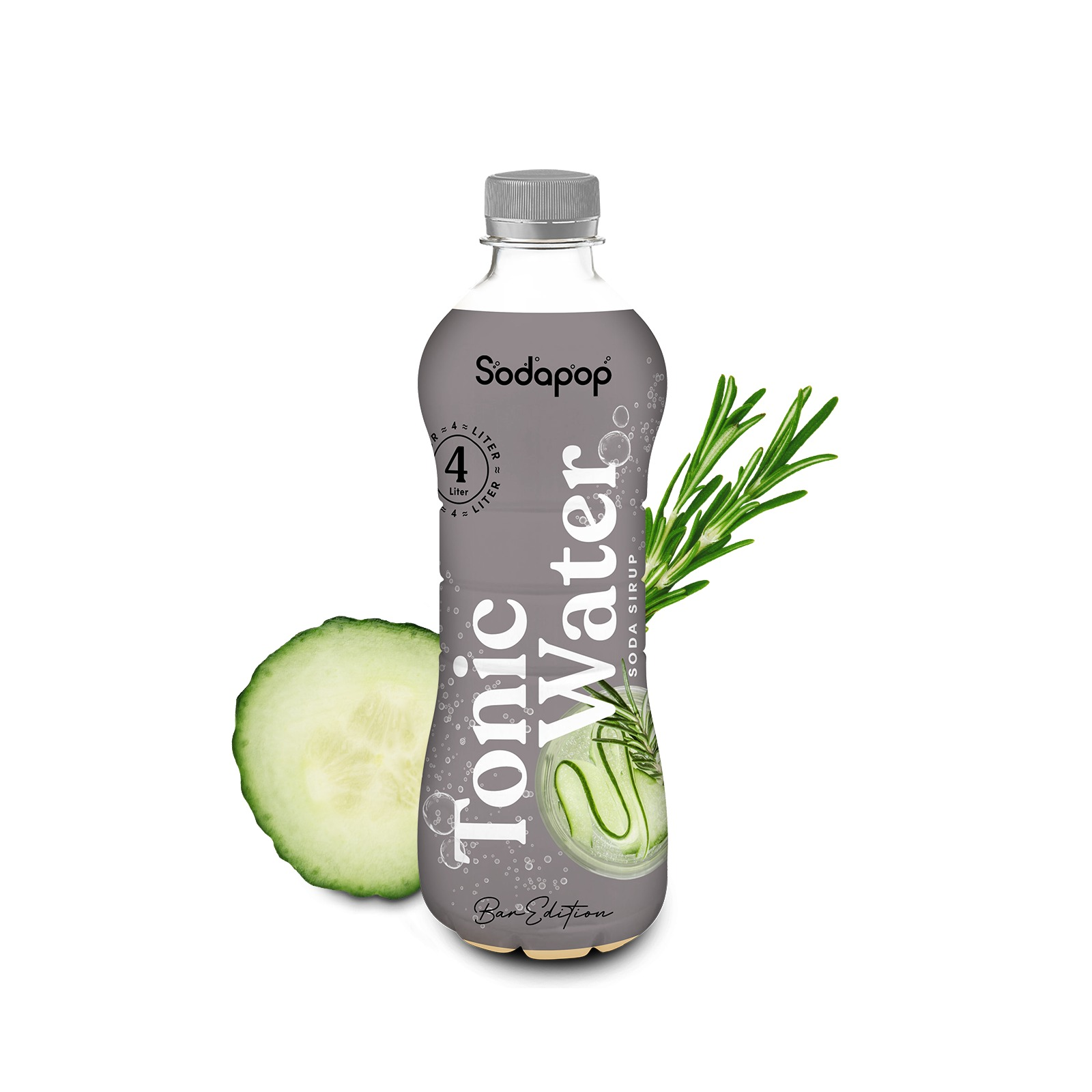 Tonic Water Flasche mit Gurke und Rosmarin. Weißer Hintergrund. Marke Soda Pop.