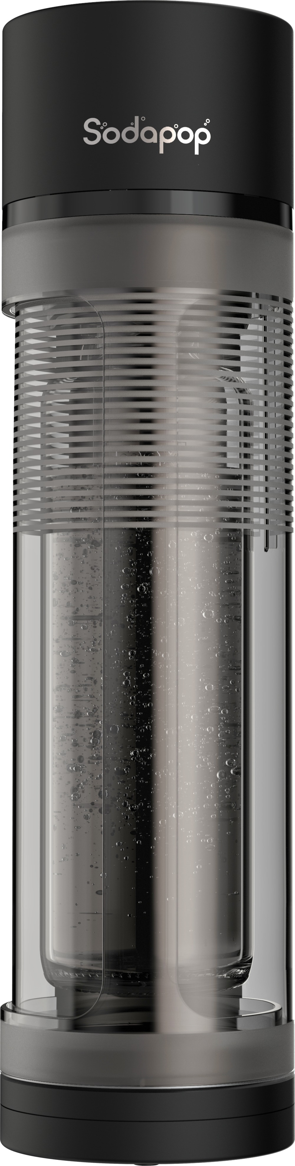 Ein Sodapop-Soda-Maker, transparenter Zylinder mit Metallkern und schwarzen Akzenten.