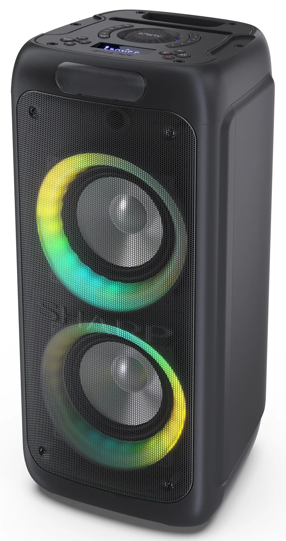 Czarny głośnik z dwoma głośnikami i czarną siatką. Głośniki mają kolorowe światła.