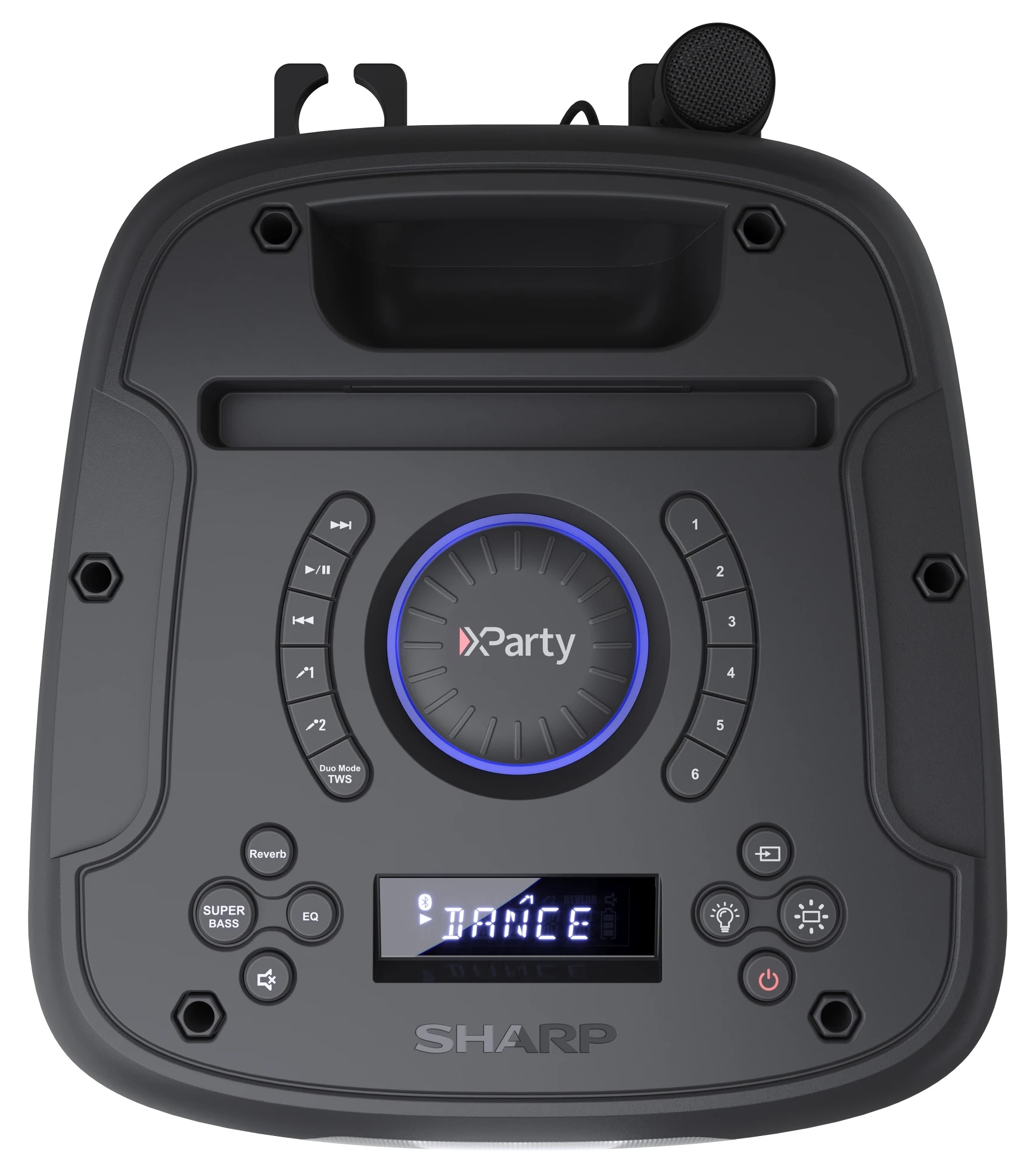 Czarny głośnik Sharp xParty z kontrolkami i wyświetlaczem z napisem 'DANCE'.