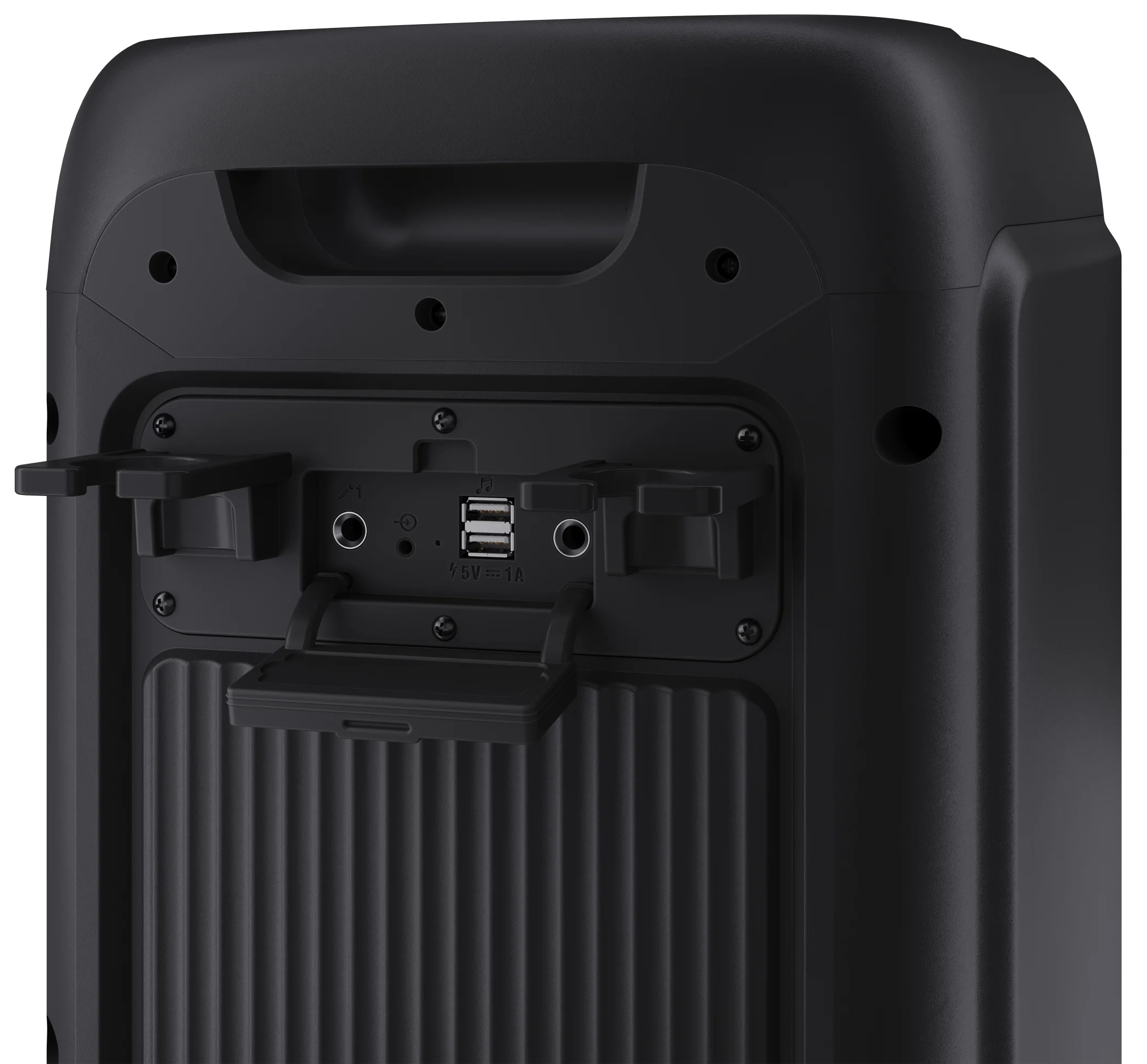 Tył czarnego głośnika z portami wejściowymi. Posiada porty USB i inne wyjścia wejściowe.