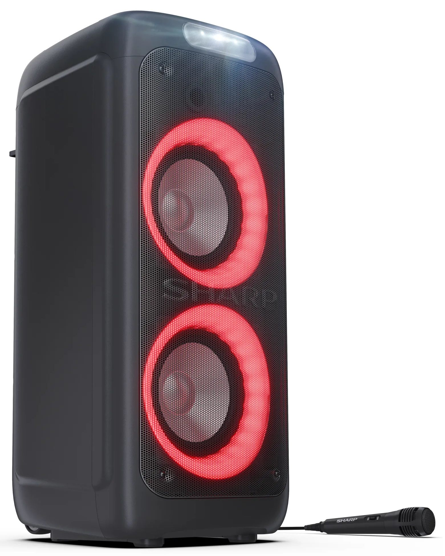 Czarny głośnik Sharp z czerwonymi świecącymi pierścieniami wokół głośników i mikrofonem.