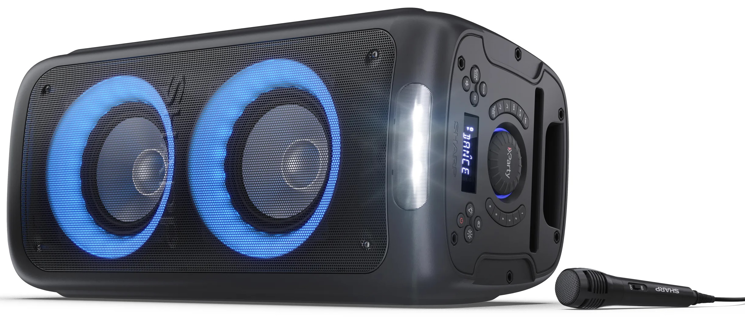 Czarny głośnik Sharp z niebieskimi światłami, mikrofonem i panelem sterowania z boku.