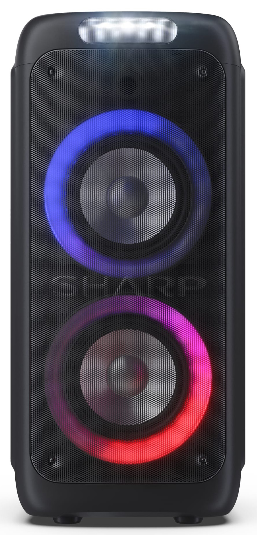 Czarny głośnik z kolorowymi pierścieniami LED wokół głośników i górnym światłem. Widoczne jest "SHARP".