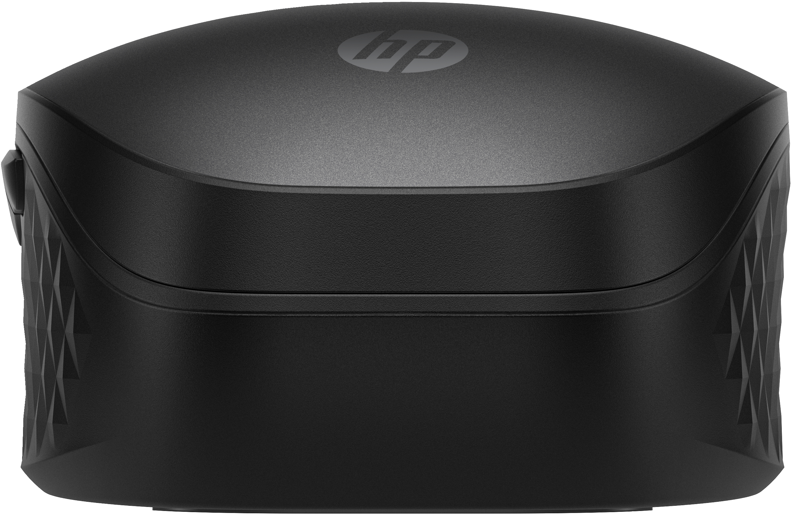 Een zwart, afgerond HP-apparaat met een subtiel logo erop, op een witte achtergrond.