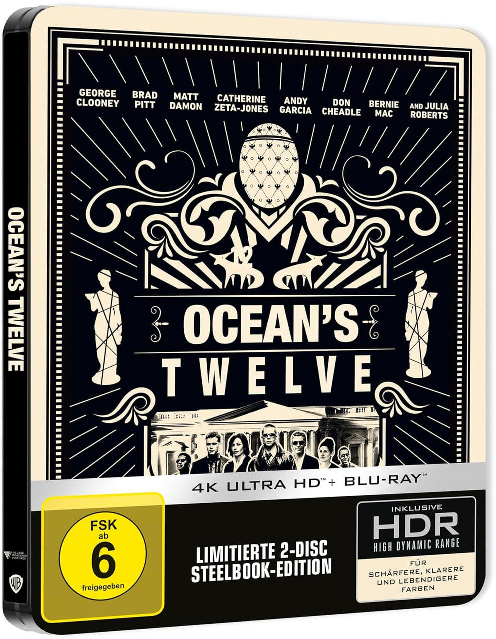 Ocean's Twelve Blu-ray Steelbook mit Schauspielernamen und einem Bewertungsetikett.