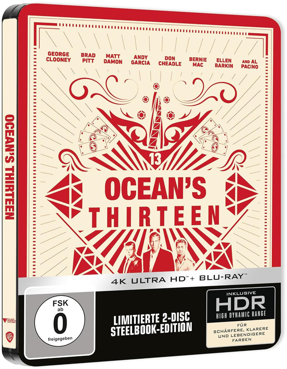 Ocean's Thirteen Blu-ray-Cover. Mit George Clooney, Brad Pitt und Matt Damon. Rotes und goldenes Design.