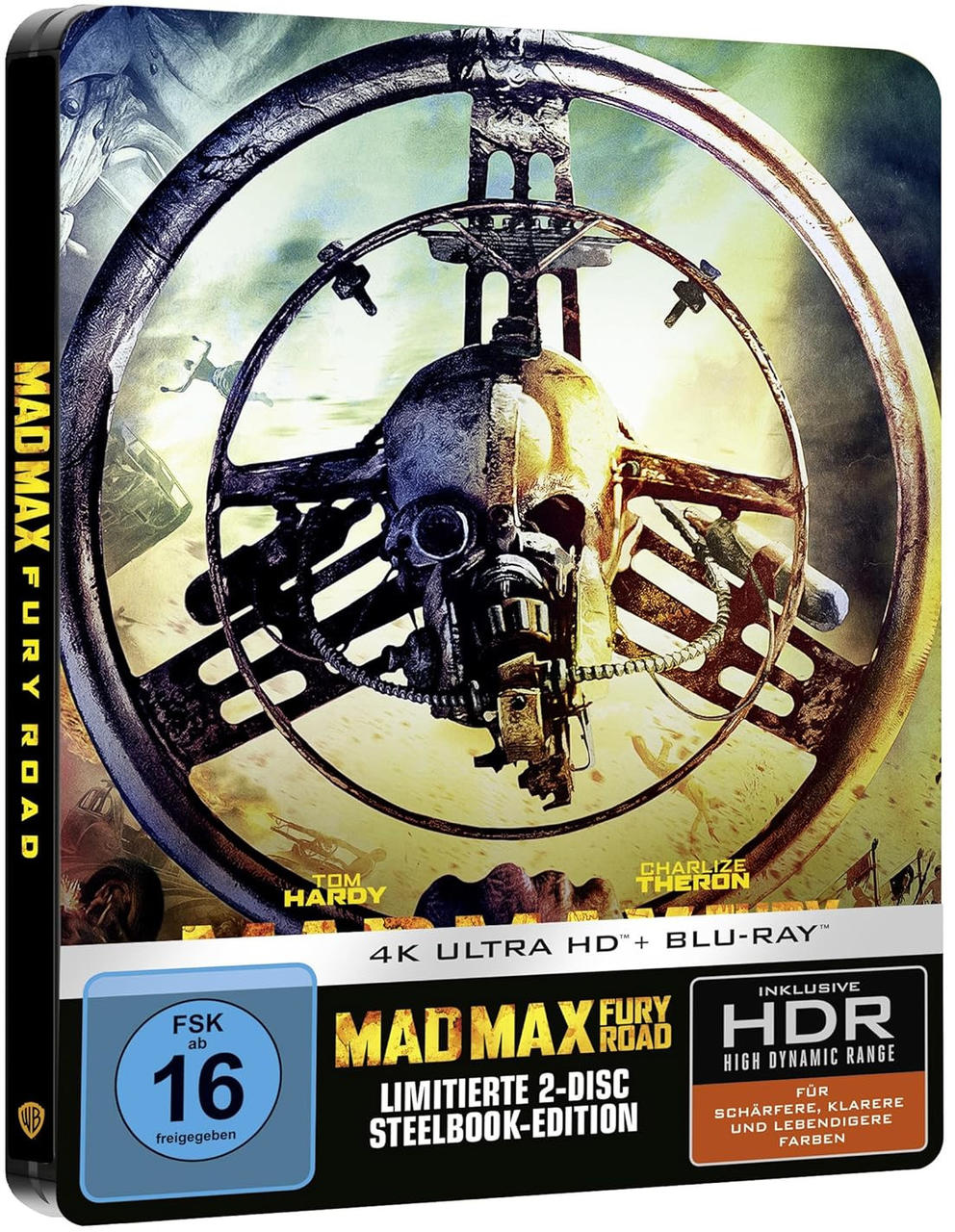 Mad Max Fury Road Blu-ray-Cover mit Totenkopf, Lenkrad und Schauspielern.