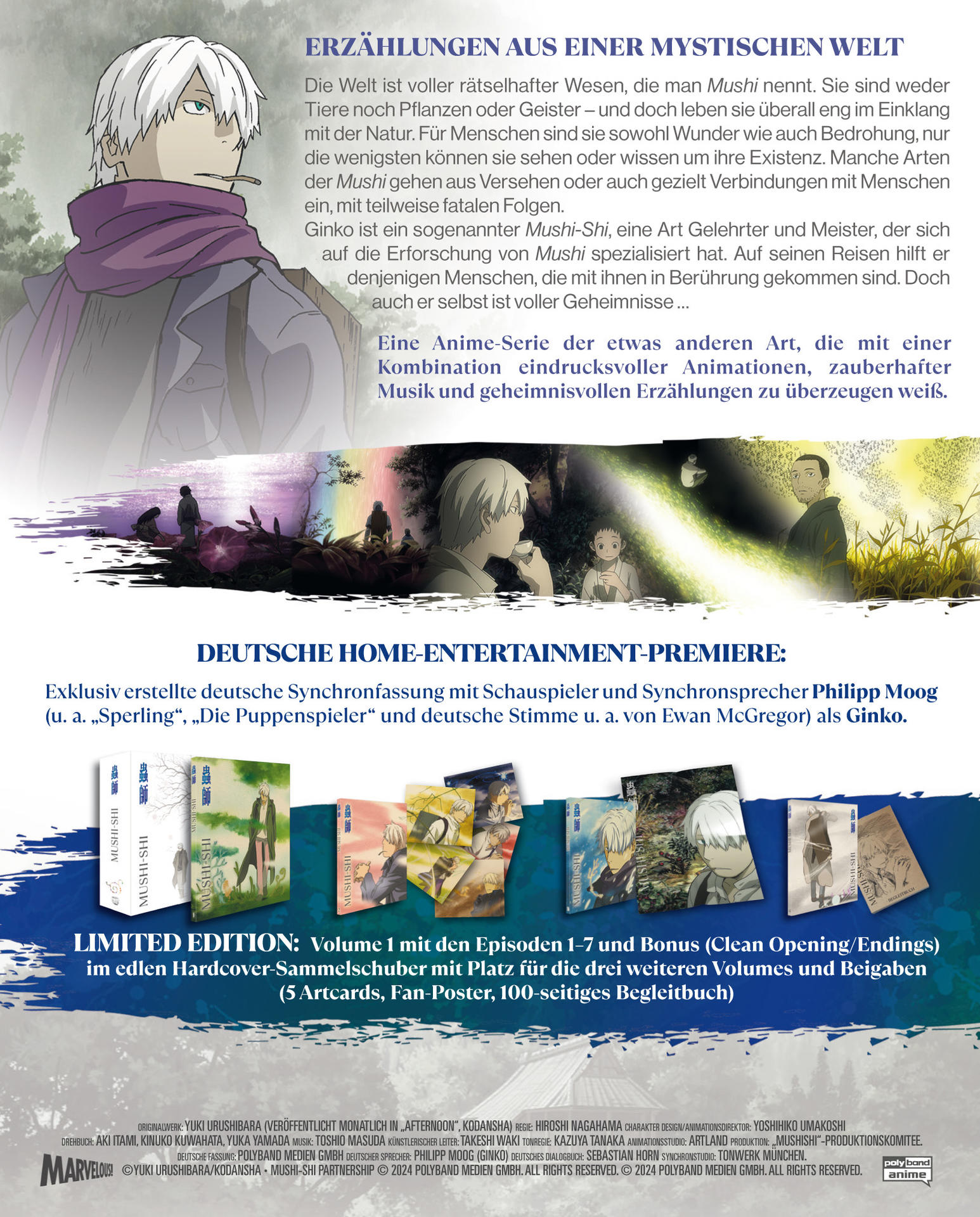 Ein Buchcover mit Anime-Kunst. Text auf Deutsch beschreibt eine mystische Welt und einen Charakter namens Ginko.