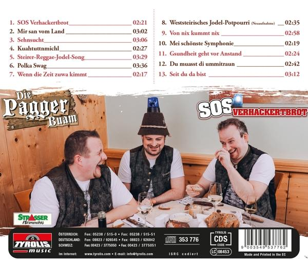 Album-Rückseite mit Band. Drei Männer lachen, mit Songtiteln und Logo.