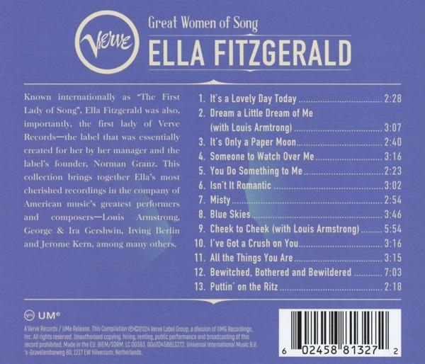 Album-Rückseite. Text: Great Women of Song, Ella Fitzgerald, Songtitel und Verve Records-Label.