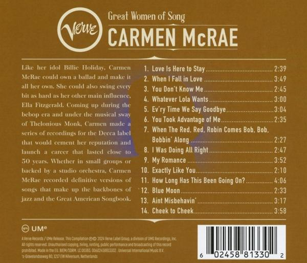 Albumcover mit Text: 'Great Women of Song' und 'Carmen McRae'. Songtitel sind unten aufgeführt.