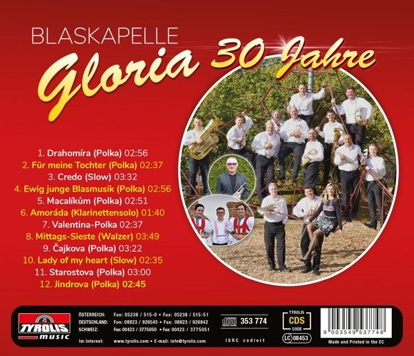 Blaskapelle Gloria 30 Jahre CD-Cover mit Liedliste und Bandfoto.