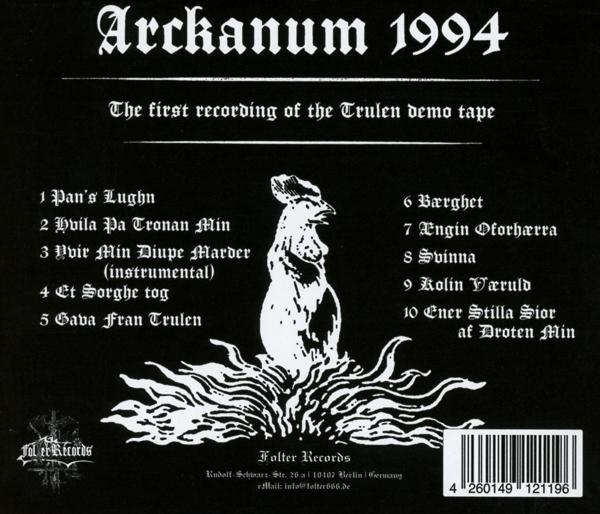 Rückseite eines Albumcovers mit Text und einer Zeichnung eines Hahns. Enthält Titelliste und Label-Info.