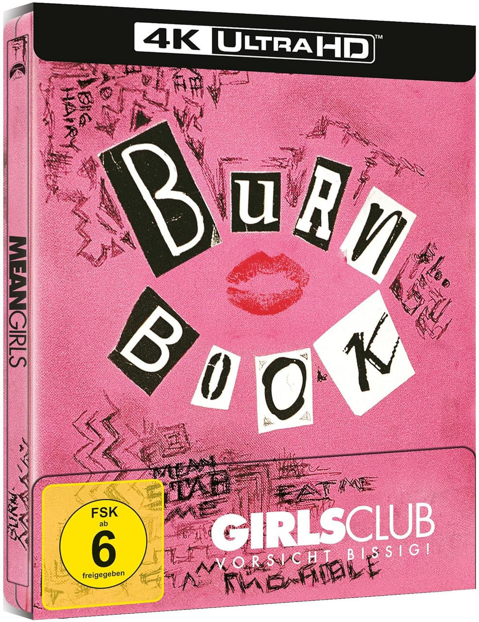 Mean Girls DVD-Hülle, rosa Hintergrund mit Text und einem Kussmund.
