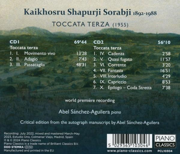 Rückseite einer CD mit Titellisten, Credits und einem Klavier, mit landschaftlichem Hintergrund.