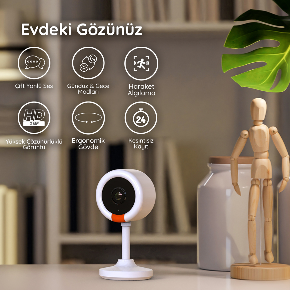 İkonlar ve ahşap bir figür ile beyaz ve turuncu bir güvenlik kamerası.