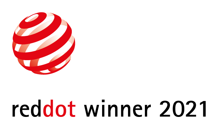 Red Dot Gewinner 2021 Logo. Es zeigt einen roten, spiralförmigen Globus auf weißem Hintergrund.