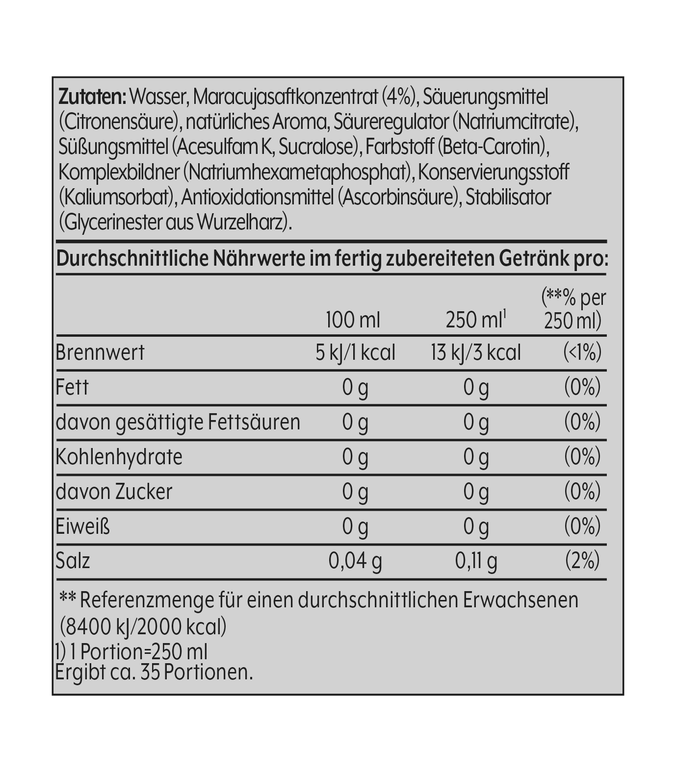 Nährwertkennzeichnung mit Text und Zahlen.