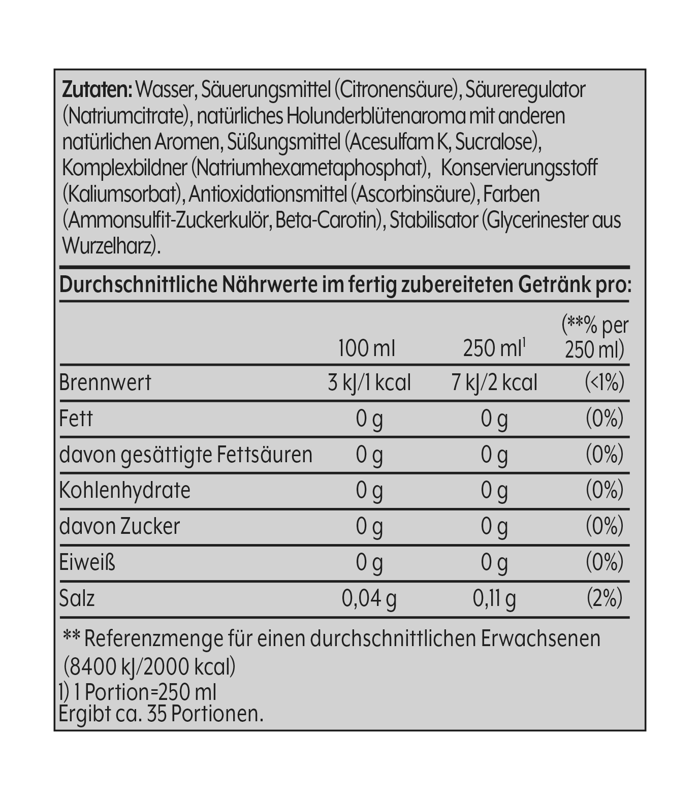 Nährwertkennzeichnung. Details zu Zutaten, Energie, Fett, Kohlenhydraten, Eiweiß und Salz.