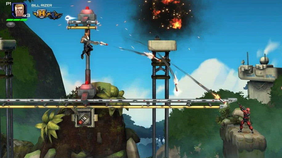 Videoscherm met twee personages die schieten. Explosies en een jungle-achtergrond.