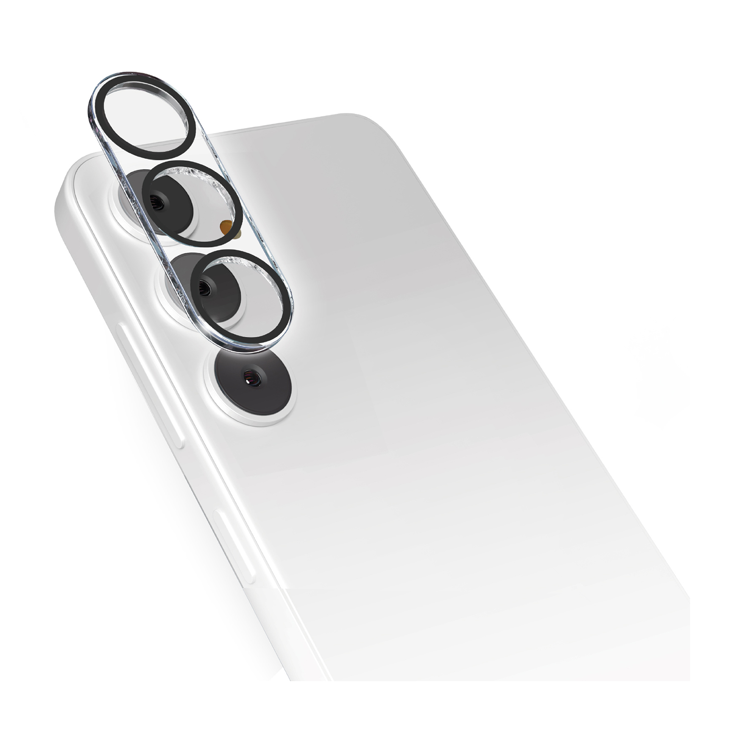 Un telefono bianco con tre lenti della fotocamera e un anello protettivo su sfondo bianco.