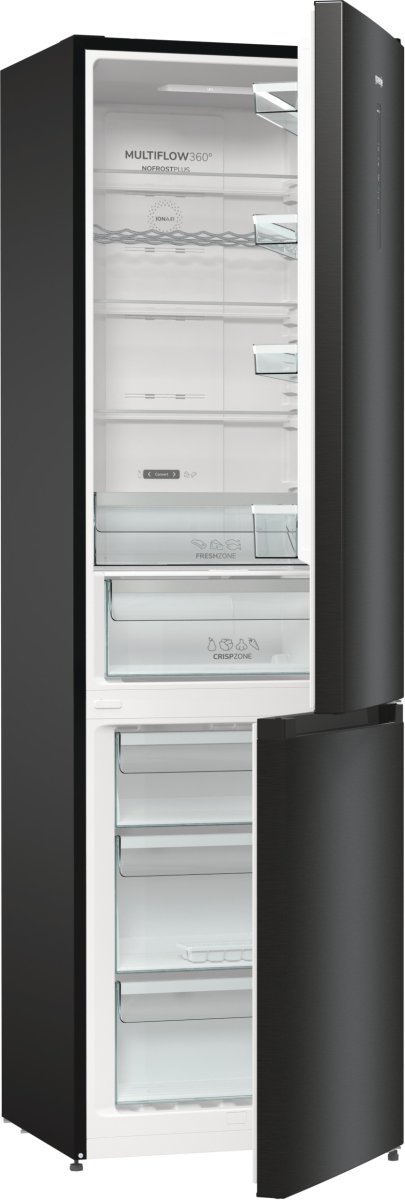 Czarna lodówka z otwartymi drzwiami. Wnętrze pokazuje półki i szuflady. Białe wnętrze.