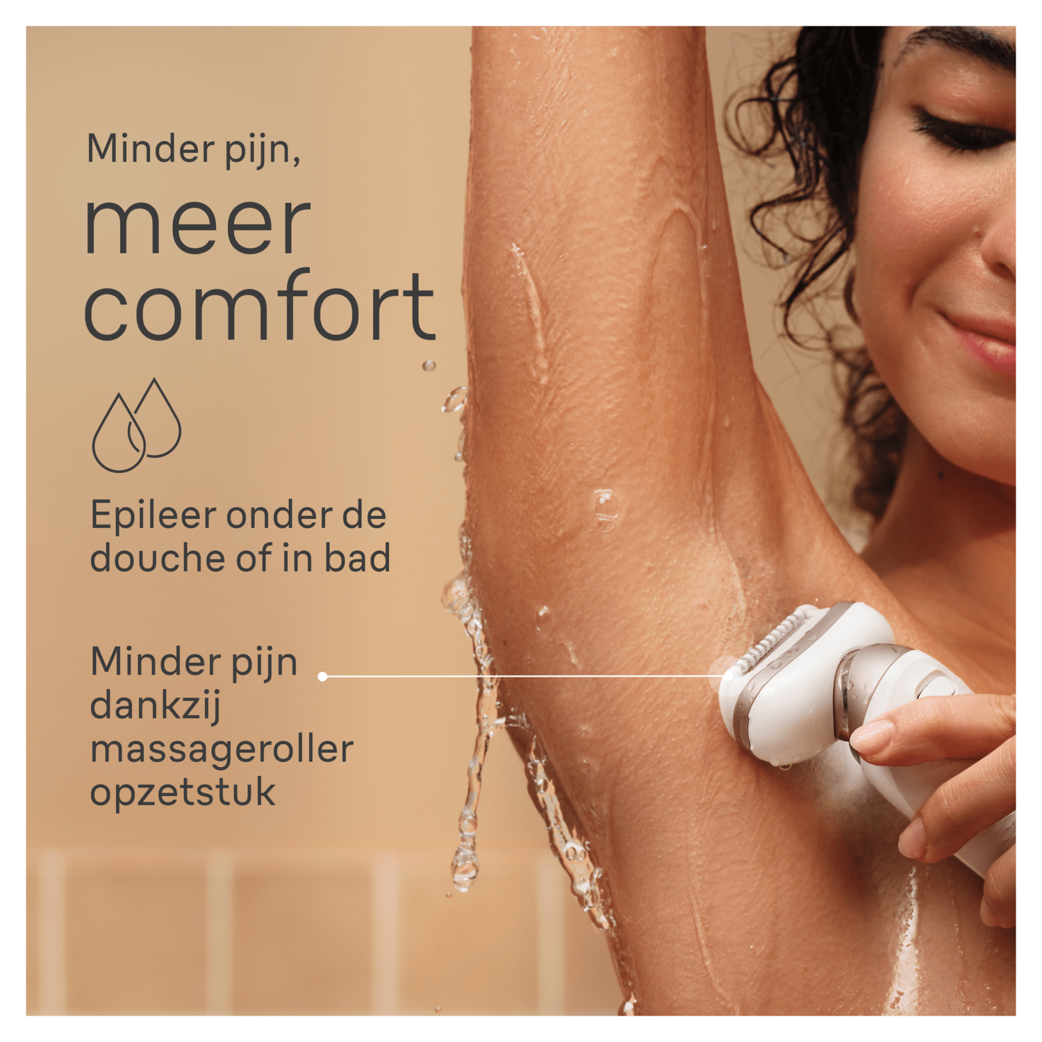 Woman shaving underarm with shaver, text in Dutch.