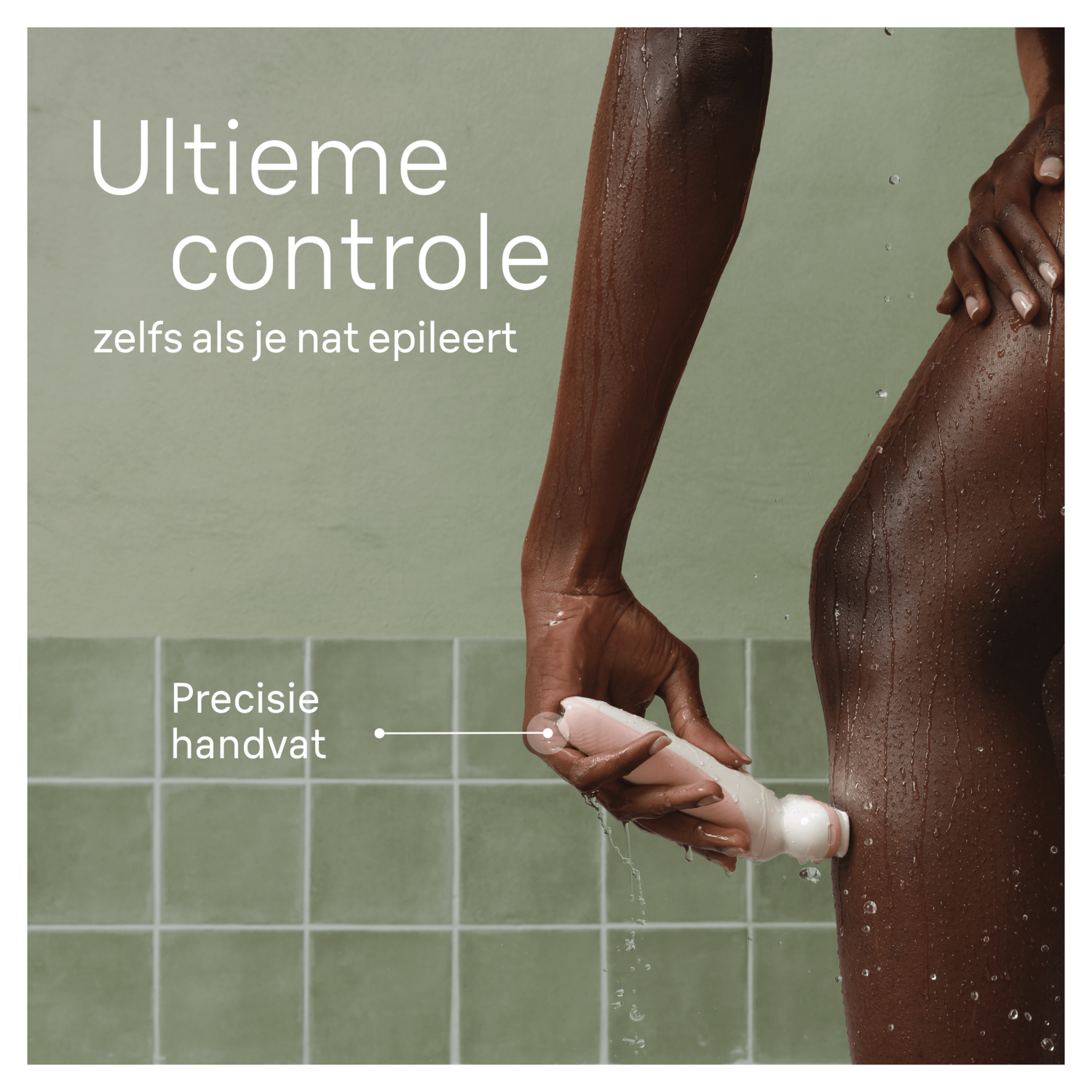 A person is using an epilator on their leg. Text reads 'Ultimate control, even when wet'.