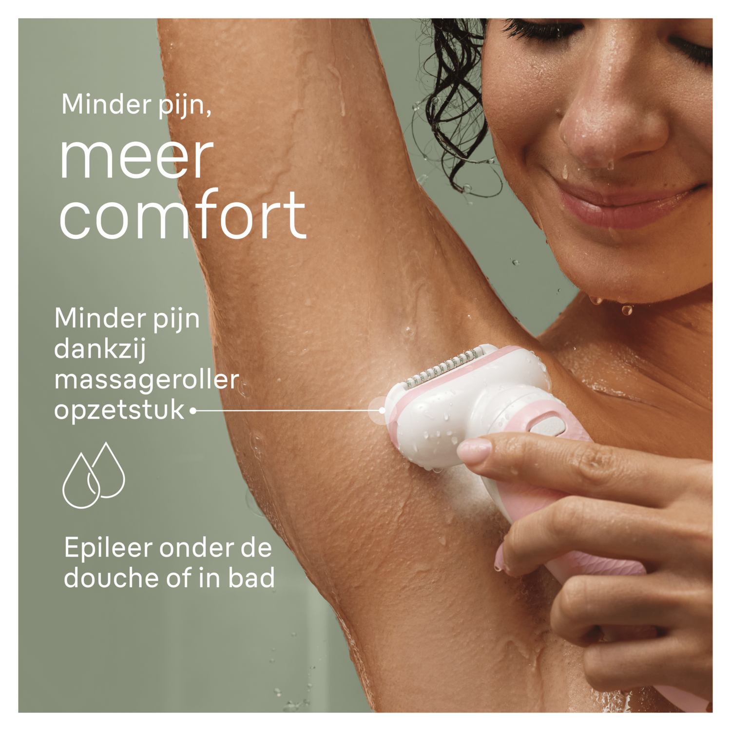 Woman shaving armpit with an epilator. Text: 'Less pain, more comfort'. Shower in the background.