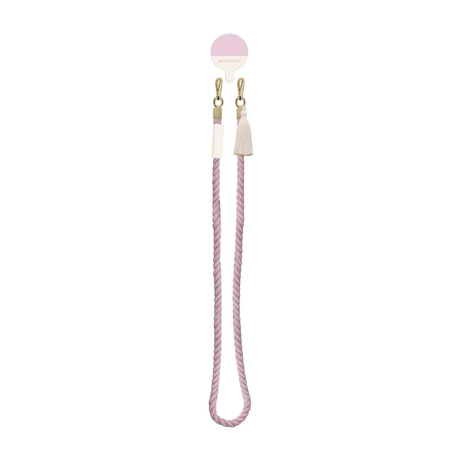 Una lunga tracolla per telefono in corda rosa e bianca con chiusure dorate e nappa, appesa a un'etichetta rosa.