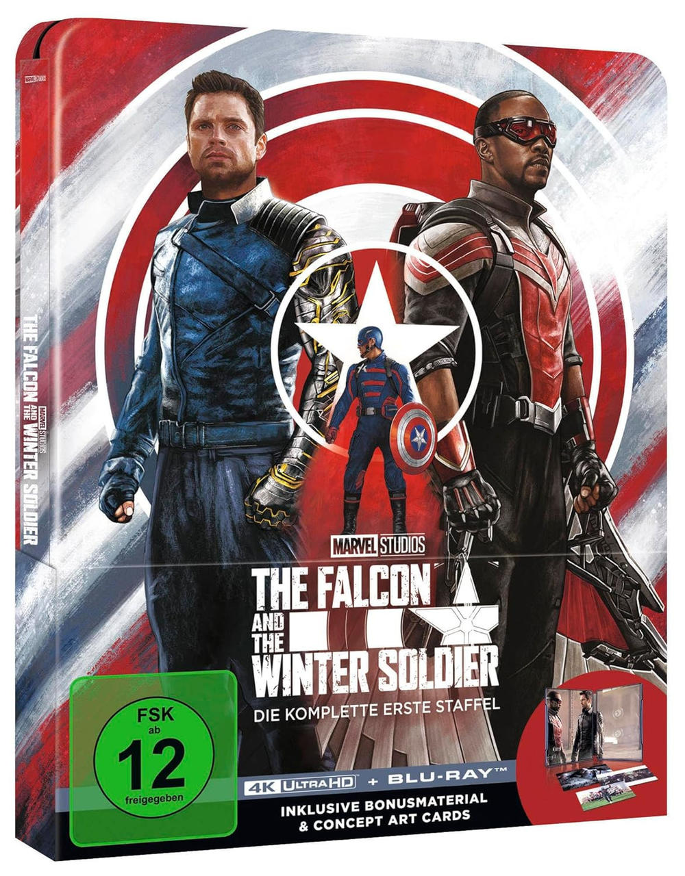 Blu-ray-Hülle für The Falcon and the Winter Soldier, mit den Charakteren.